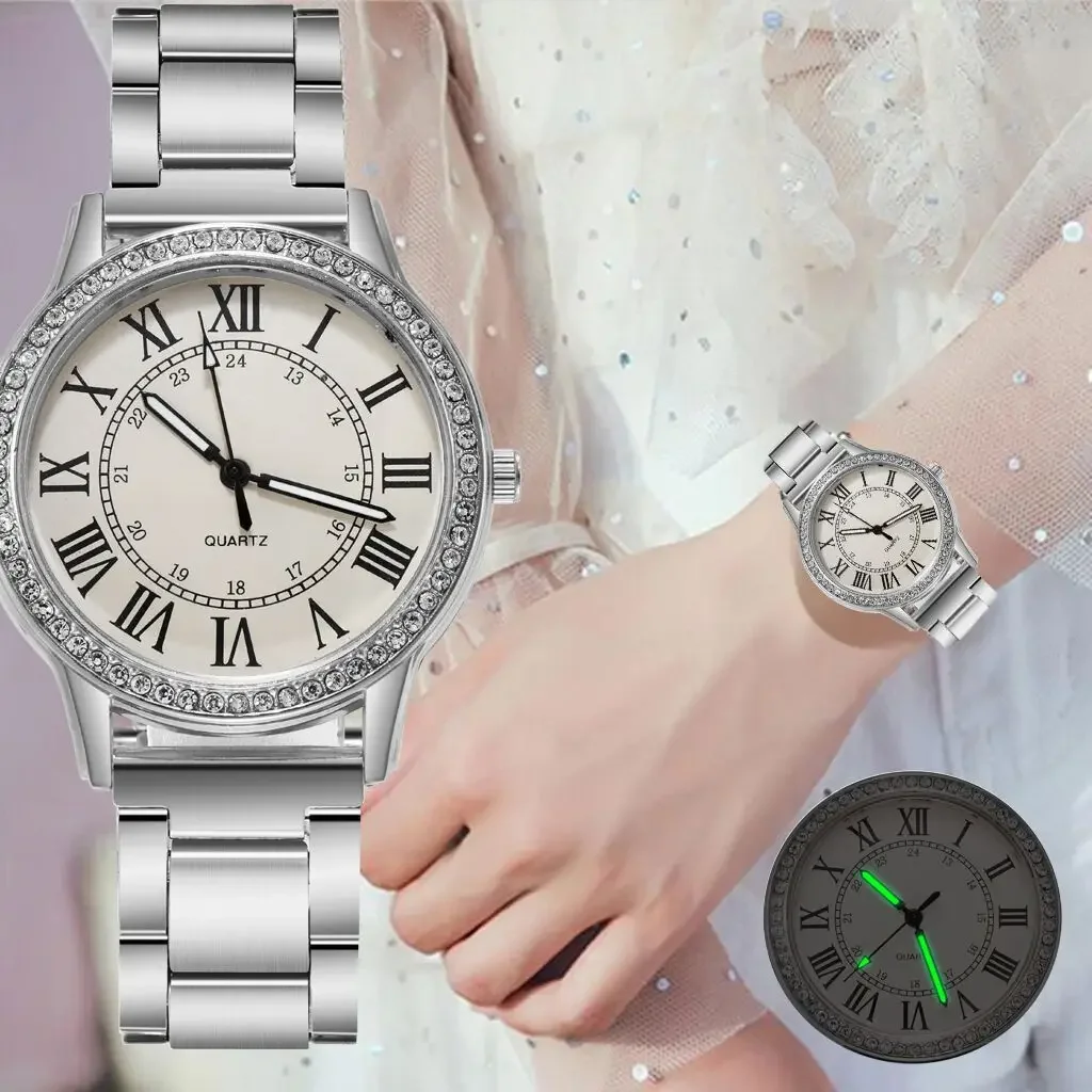 Steel Strap Simple Casual Women Watch Retro Roman Rhinestone Luminous Quartz Watch Luxury Wrist Watches for Women Wholesale