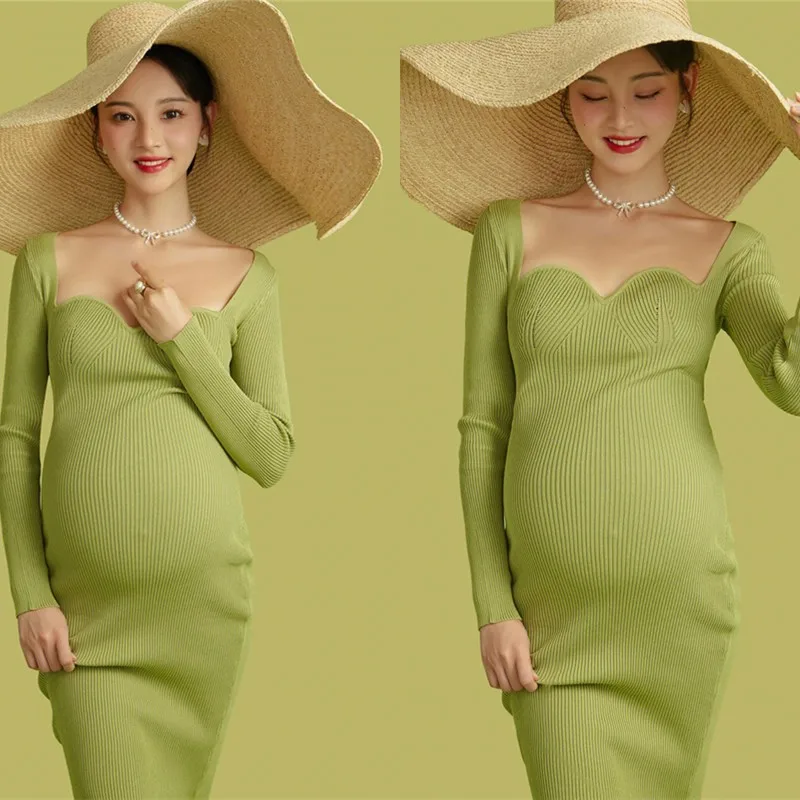 Pregnant Women Green Dresses Fashion Ribbed Knitted Maternity Bodycorn Photoshoot Dress Premama Midi Sweater Dresses Big Hat Set