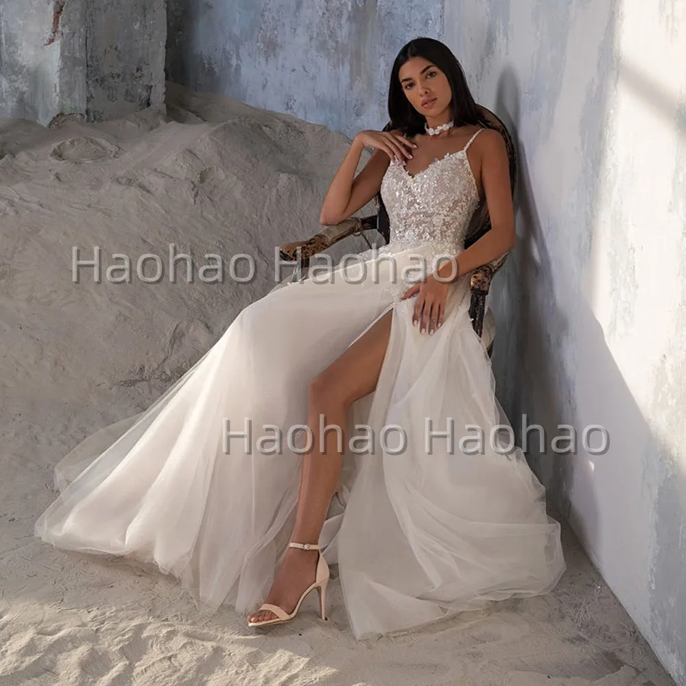 Vestido de casamento com alça espaguete, linha a, praia, sem mangas, fenda lateral, apliques, costas nuas, personalizado, feito sob medidas, robe de mariee