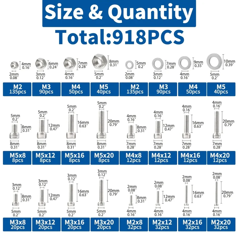 918pcs Nuts And Bolts Assortment Kit - M2, M3, M4, M5 Hex Head 304 Stainless Steel Bolts, Nuts, Flat Washers, And More