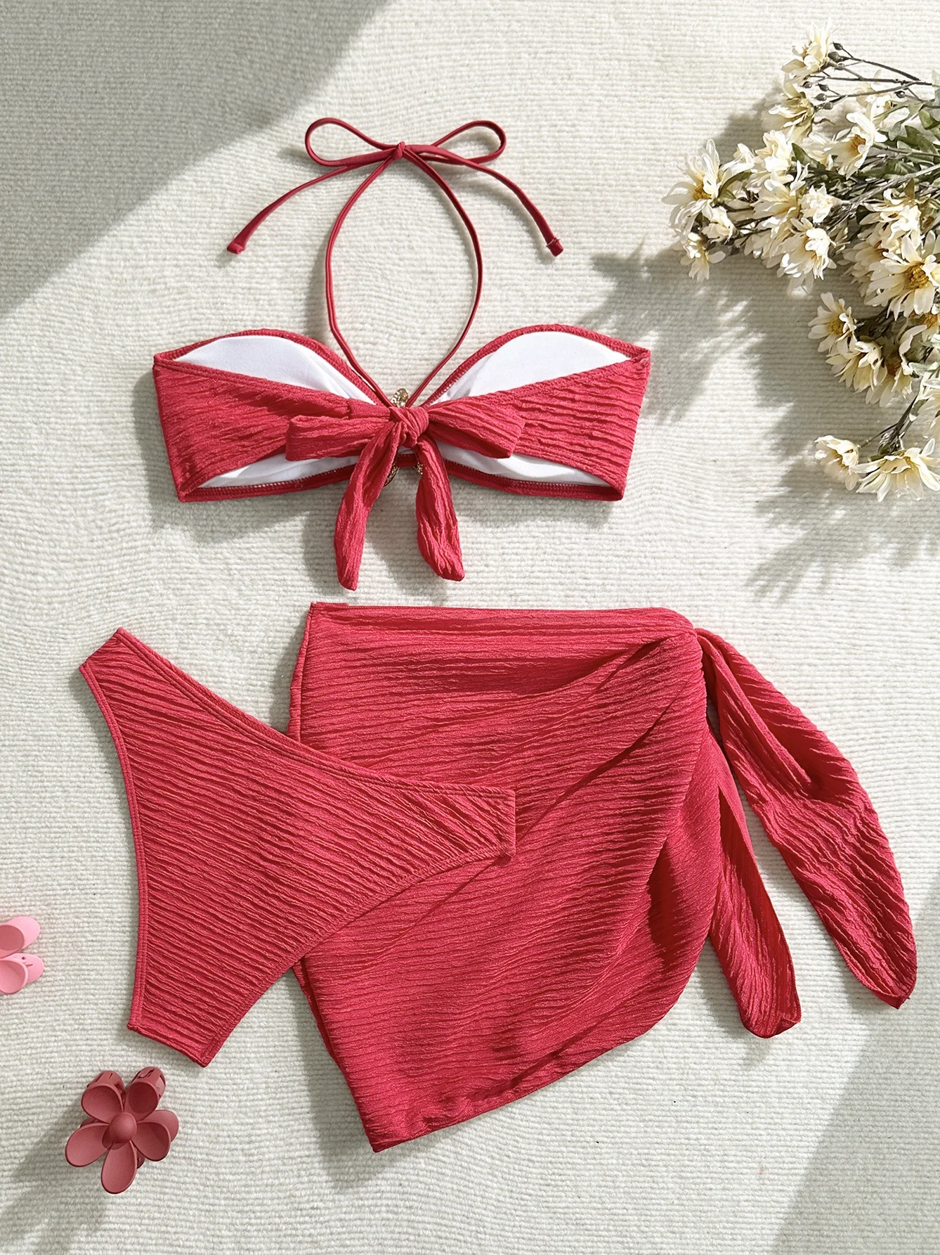 เซ็กซี่โลหะปลาดาวชุดบิกินี่ผู้หญิงสีน้ําตาล Bandeau Push Up กระโปรงตาข่าย 3 ชิ้นชุดว่ายน้ํา 2025 ชุดว่ายน้ําชายหาดวันหยุดชุดว่ายน้ํา