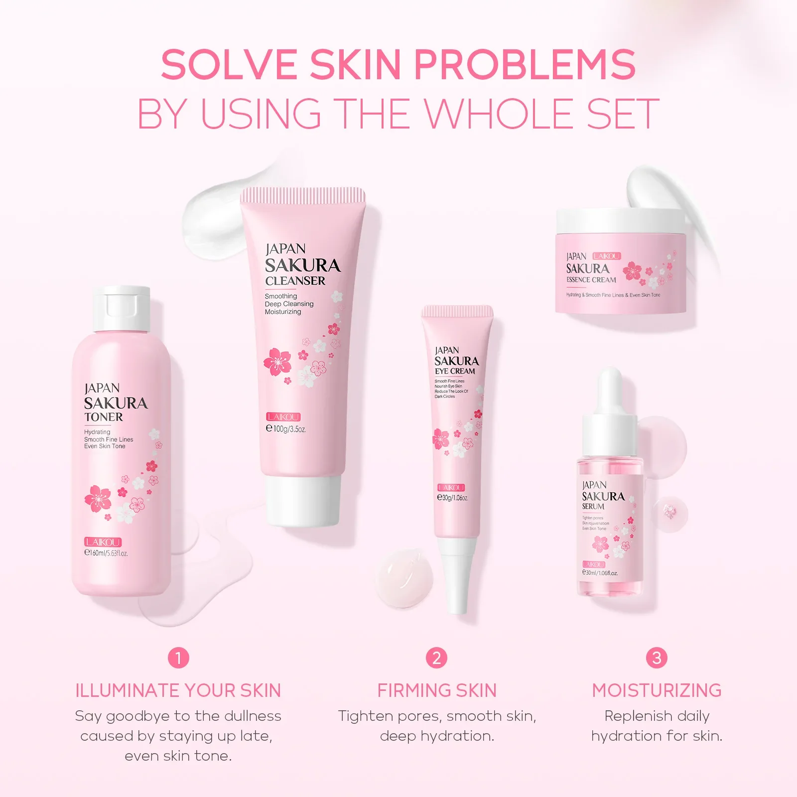 LAIKOU 5pcs Sakura Skin Care Sets Facial Cleanser Hydrating Eye Creams Face Cream Serum Toner Moisturizing Face Care Kit