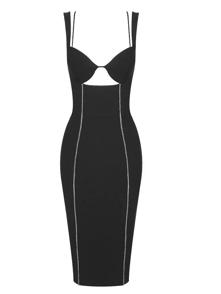 Vestido Bandage sexi con tirantes finos y diamantes recortados para mujer, vestido negro sin mangas con espalda descubierta, vestido de fiesta de noche por debajo de la rodilla para celebridades