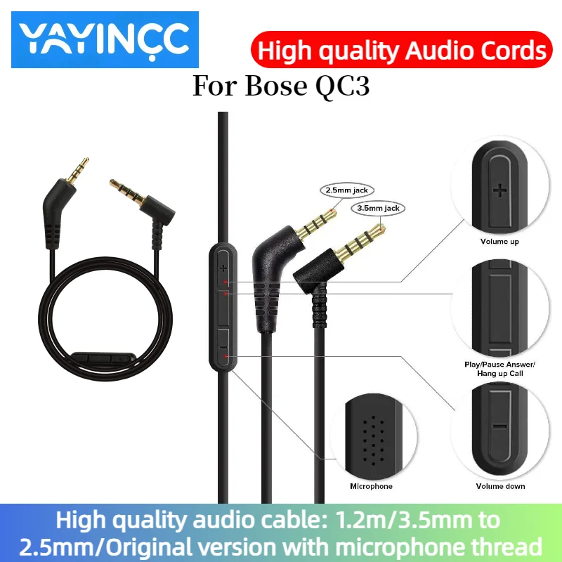 

High quality audio cable For Bose QC3 Headset 3.5mm to 2.5mm plug Original version with microphone thread