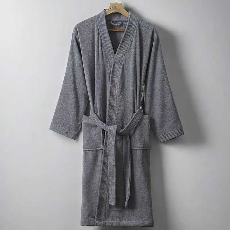 Robe ผู้ชายผ้าฝ้าย 100% Kimono Housecoat ยี่ห้อชุดนอนคุณภาพแขนยาวฤดูใบไม้ร่วง Robe หรูหราเสื้อคลุมอาบน้ําผู้ชายผ้าฝ้าย Classy สีขาว