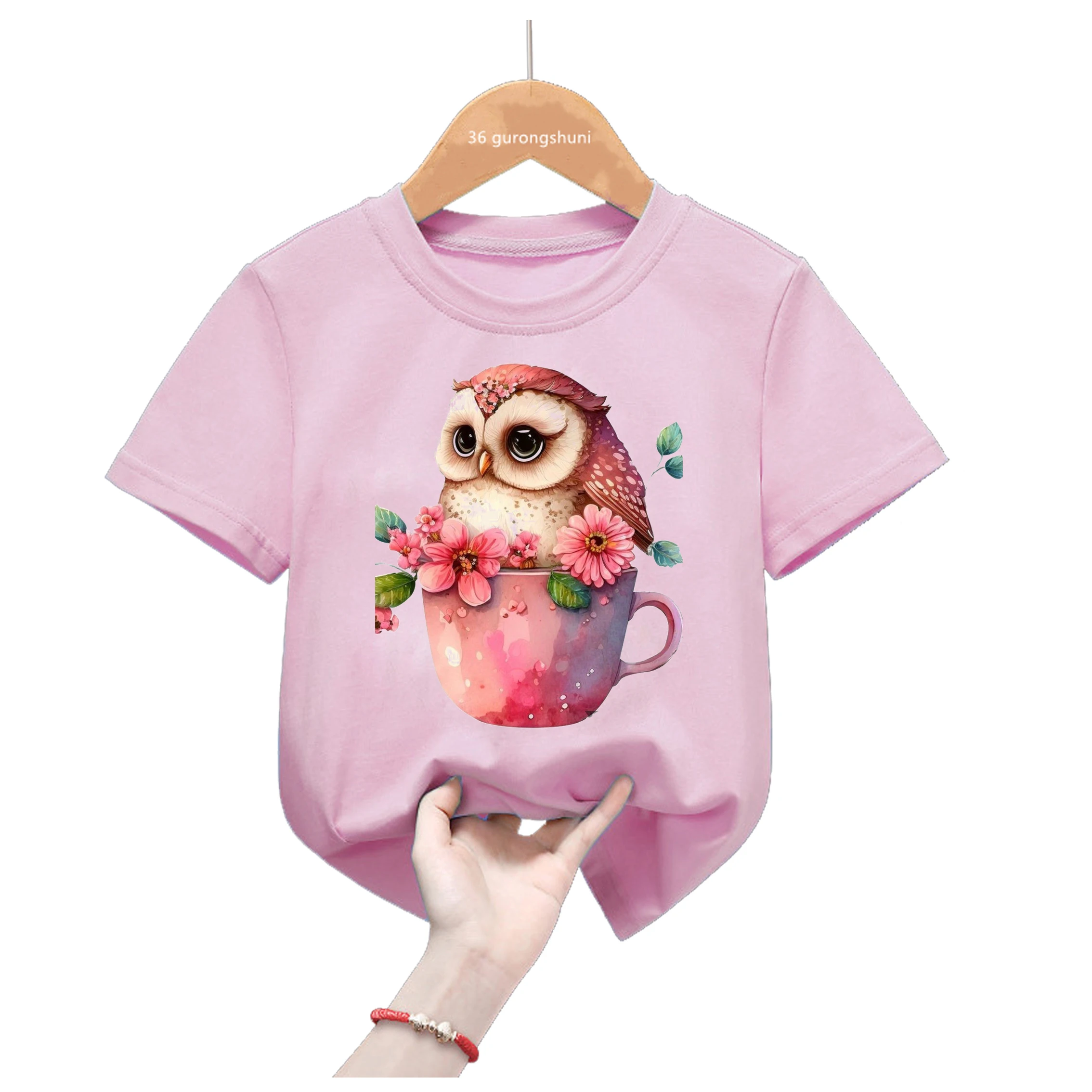 2024 Hot Sale Kawaii Owl Love Book Print Pink Tshirt For Girls Cute Bird Kids Clothes Summer Short Sleeve T-Shirt Streetwear view 4