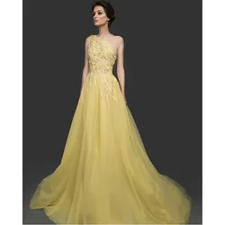 Yellow A-line Evening Dresses Elegant One Shoulder Sleeveless Long Formal Party Gown Appliqued Beaded Sweep Train Prom Dress