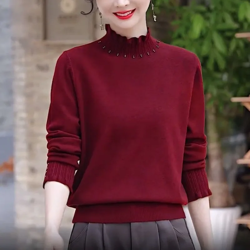 Half Turtle Neck Fashionable Women's Clothing Fashionable and Versatile Solid Color Fungus Lace Sweater Autumn New Sweater