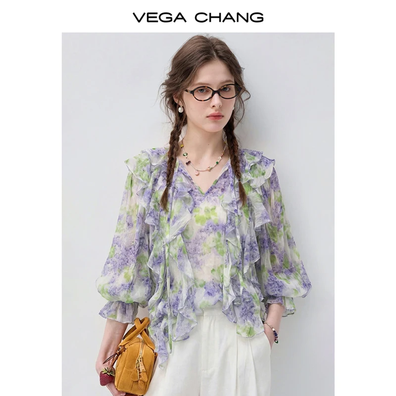 

Vega Chang Floral Print Chiffon Shirt 2026 Summer New Holiday Style Ruffled Floral Breathable Shirt