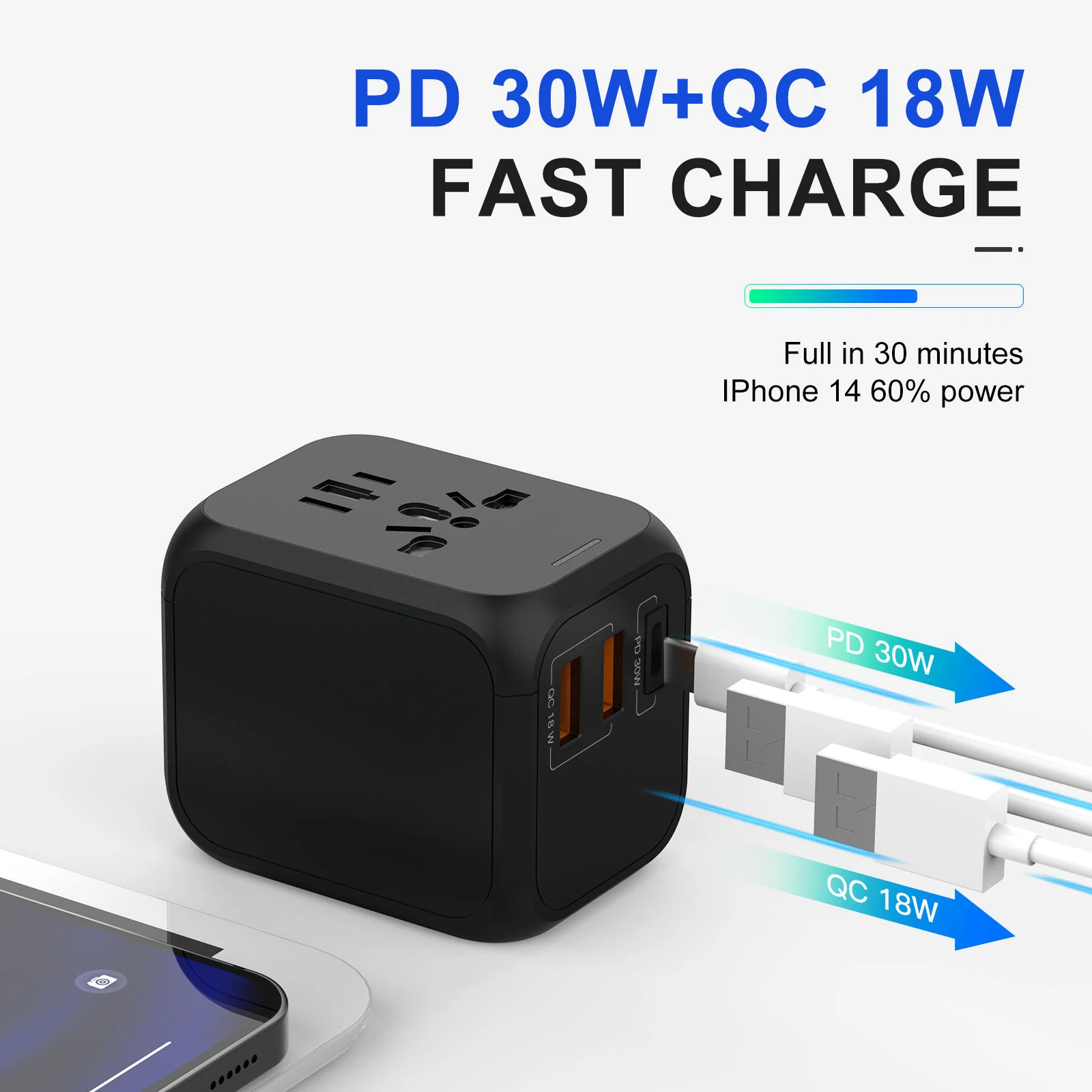 Tinsol PD 30W Global Adaptor Plug Socket Universal Travel Adapter Mobile Phones Tablet laptop USB Quick Charger AU EU US UK