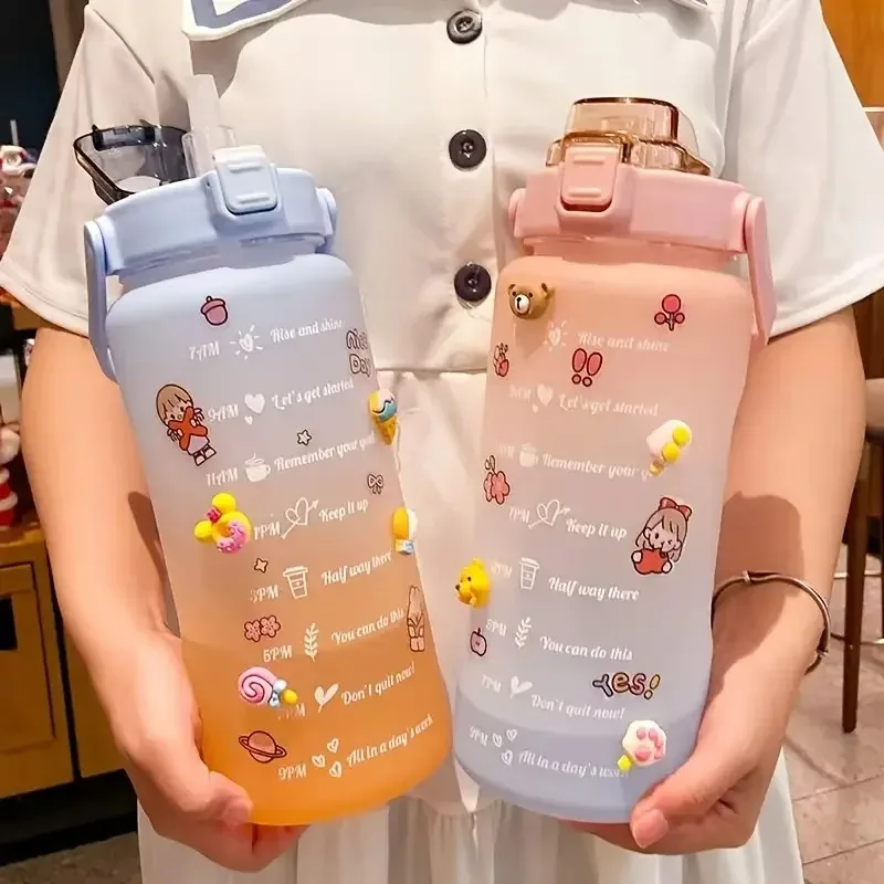 2L Colorful Frosted Water Bottle With Straw And Cute Sticker Kawaii Motivational Time Marker Sport Workout Portable Drinking Cup