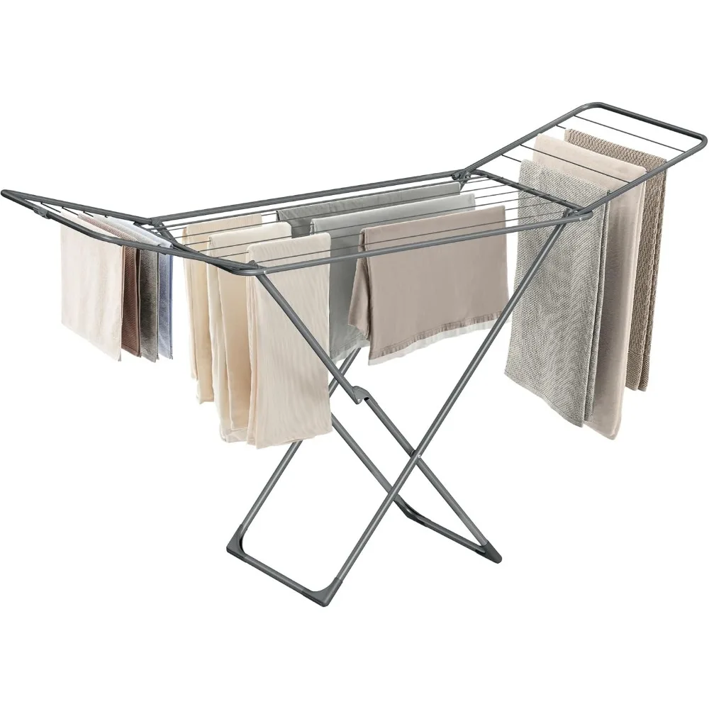 

Clothes Drying Rack, Metal Laundry Drying Rack, Foldable, Space-Saving, Free-Standing Airer, with 2 Gullwings, Indoor O