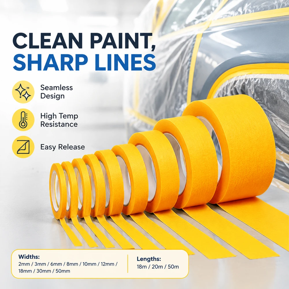 1-5Pcs 50M/20M/18M Yellow Masking Tape, Textured Paper Adhesive, Car Paint Decoration, Seamless Hand Tear No Mark, Width 18-50mm
