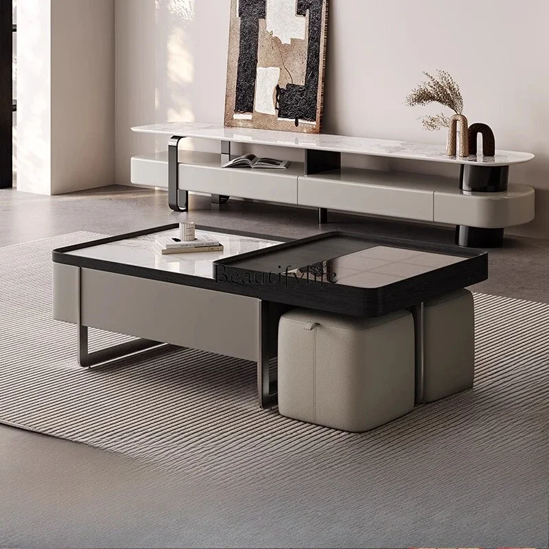 

ls 42Italian minimalist rock slab square coffee table household small apartment telescopic belt stool creative light luxury high