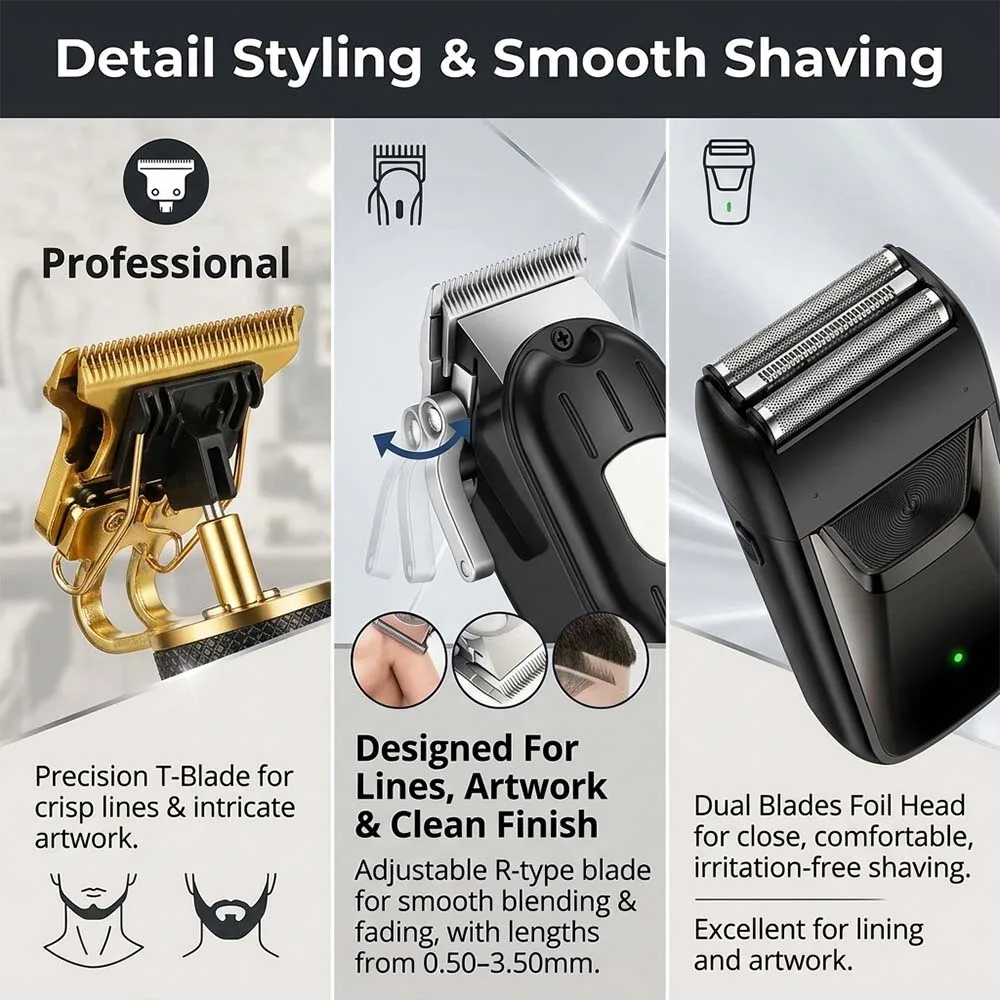 Professional Hair Clipper Set with LCD Display, Rechargeable Electric Trimmer for Men, Includes T-Outliner, Foil Shaver, Guide Combs & Accessories view 5