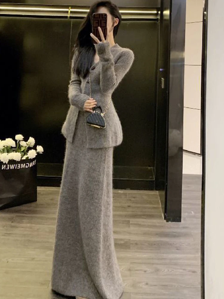 Winter Women\'s Knitted 2 Pieces Casual V Neck Women Coat Long Sleeve Sweater Suit Vintage Two Piece Set High Waist Skirt Women