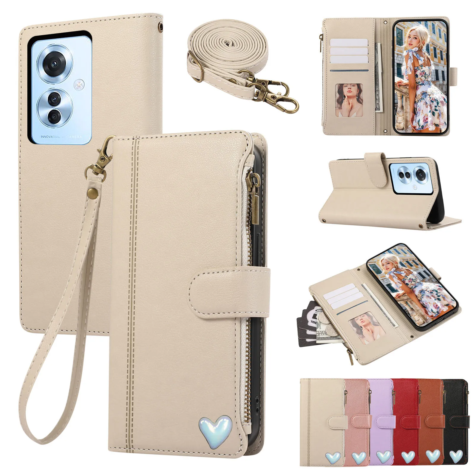 

Crossbody Mirror Wallet Case For OPPO F23 F19 K12X A5 A1 Pro Multi 6 Cards Leather Wristlet Zipper Book Flip Cover Funda