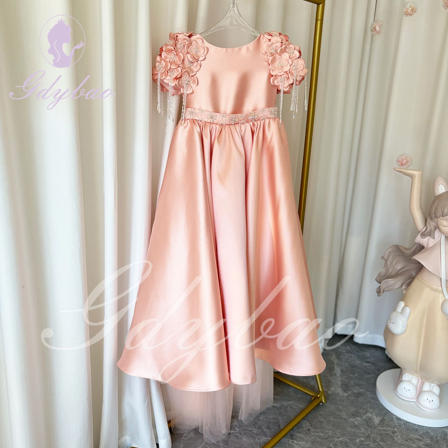 Robe de demoiselle d'honneur rose pour mariage, appliques 3D, satin gonflé, paillettes perlées, robe de Rhde première communion pour enfants, princesse