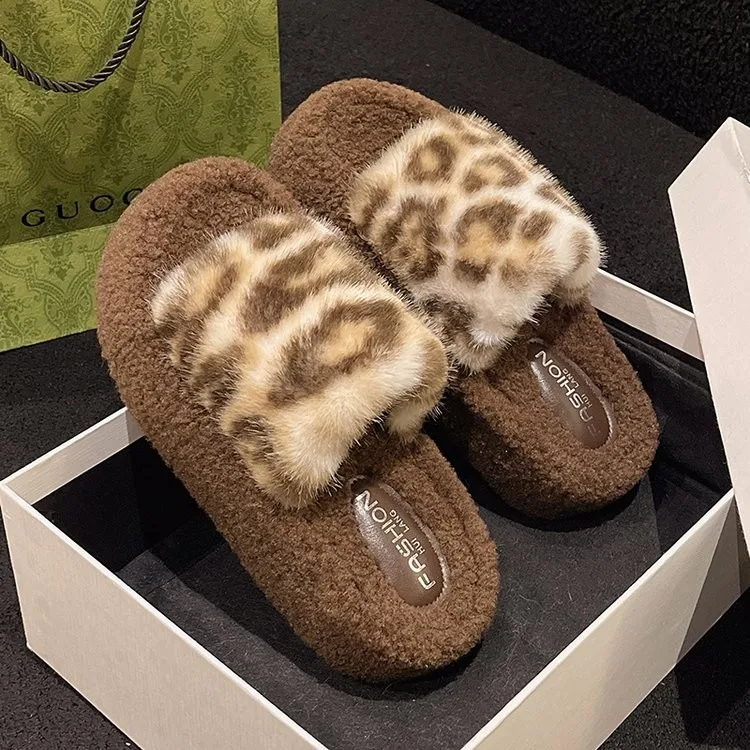 5Cm Fashion Leapard Women Winter Warm Fur Slipper Thick Bottom platform furry slippers shoes