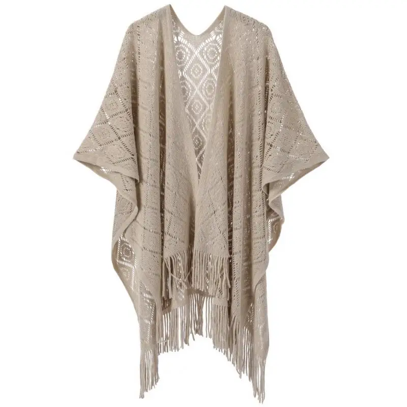 

New Arrived Shawl Women Scarf Cloak Solid Color Knitted Tassels And Thin Cut Hollow Out Poncho Elegant Cheongsam Shawl Ladies