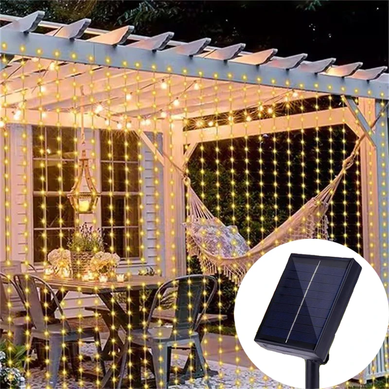 

6M Waterfall Fairy Light 8 Lighting Modes,Christmas LED Solar Curtain Light,Wedding Patio Fence Gazebo Wall Outdoor Garden Decor