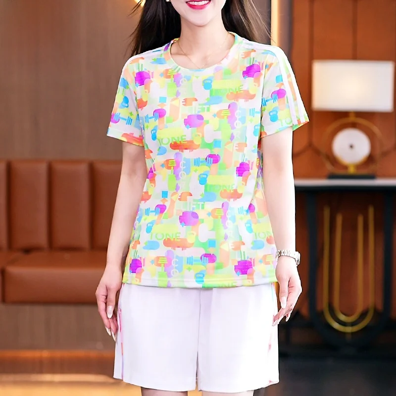 Qui Dry Sportswear Set for Women Summer 2025 Floral Print round Ne ort Sve orts Performance Square Dancing Casual ...