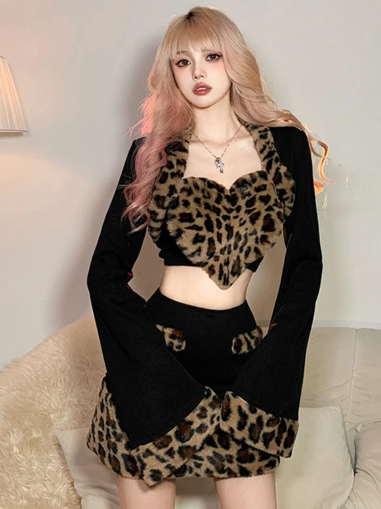 Skirts Sets Women Leopard Jackets Camisole Love Sexy All-match Patch Design Cool Fashion Vintage Spring Korean Style Ladies New