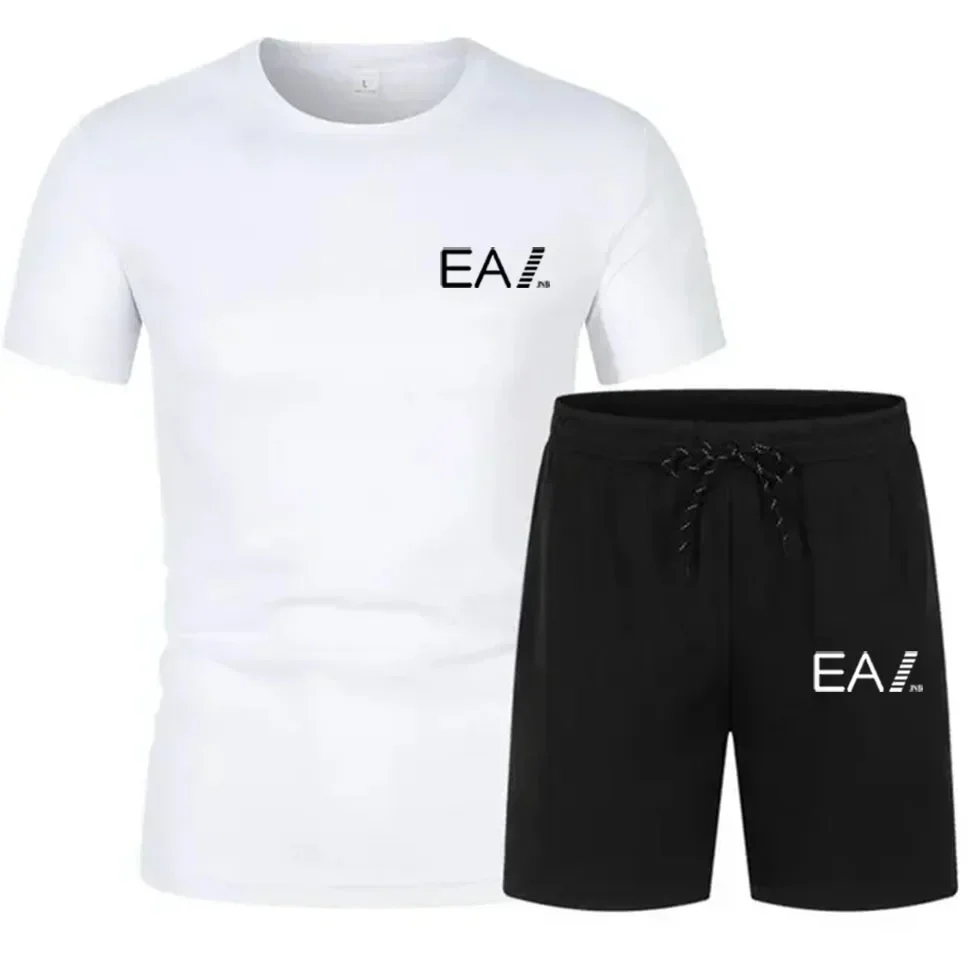 2025 Summer breathable short-sleeved sportswear set Men's fashion fitness casual T-shirt + quick-drying shorts two-piece set