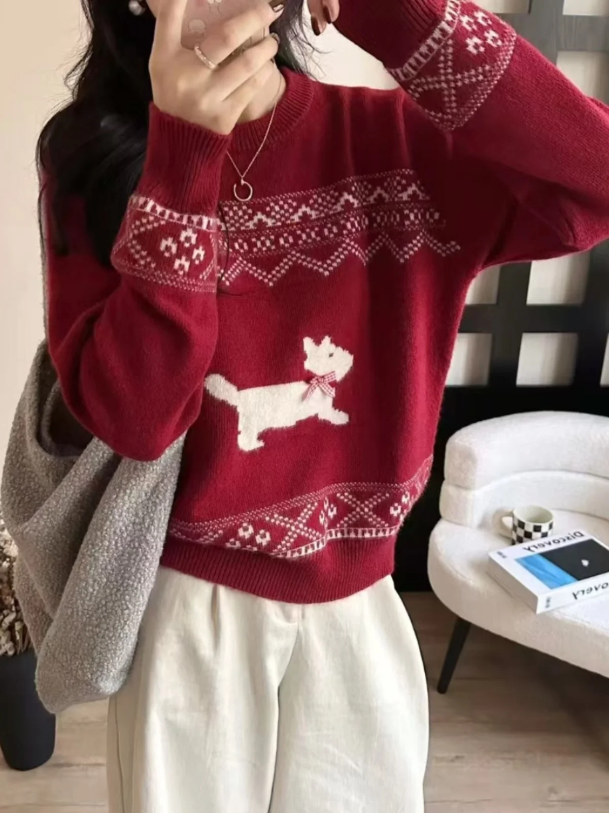 

Круглый вязаный свитер в стиле ретро, женские майки, новогодний дизайн с головой собаки, ленивый топ, свободный крой, длинный све, осень-зима