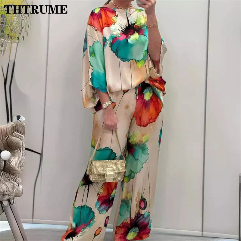 Floral Print New Chic Two Piece Sets Fashion Loose Round Neck Satin Tops Wide Leg Pants Streetwear Casual Holiday Beach Outfits