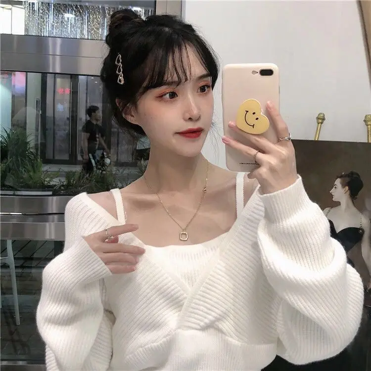 

Inner Top Autumn and Winter 2025 New Fake Two-piece Sweater Sexy Short V-neck Long-sleeved Sweater for Women