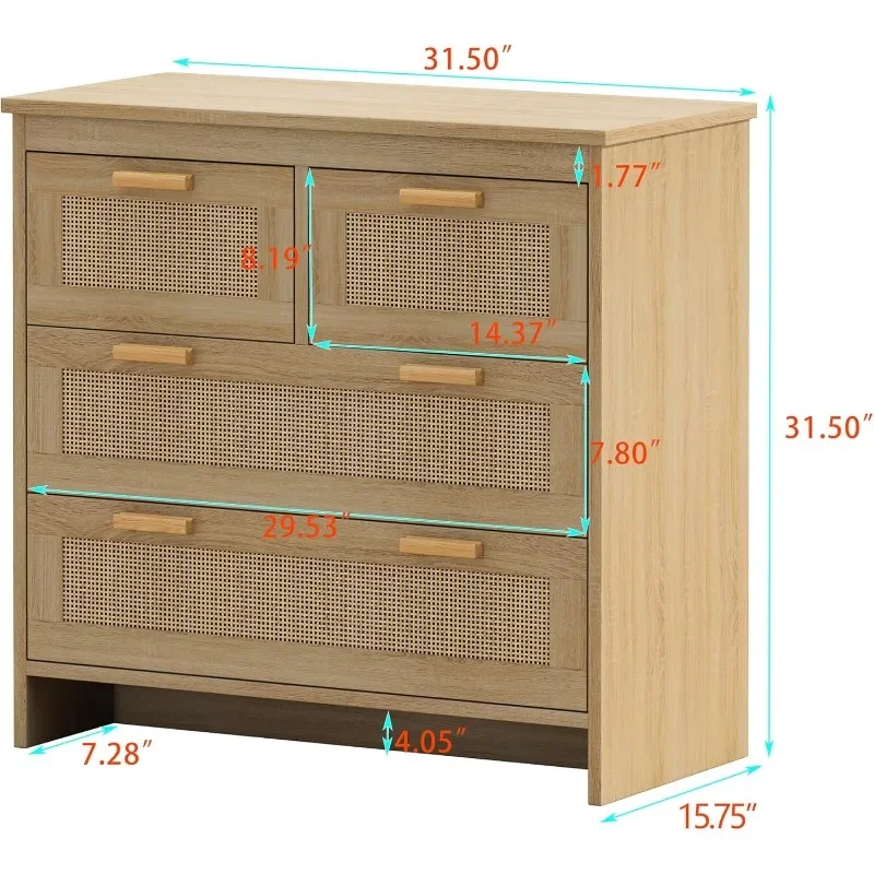 Commode en rotin pour chambre à coucher, 4 coffres de portes d'entrée de proximité, commode Boho en bois naturel avec pieds en bois, rangement spacieux