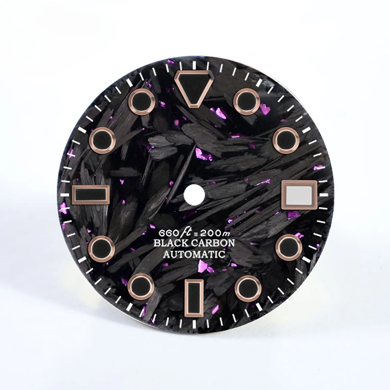 Mostrador de fibra de carbono preto de qualidade preto Lume NH35/NH36 movimento 28,5 mm logotipo personalizado