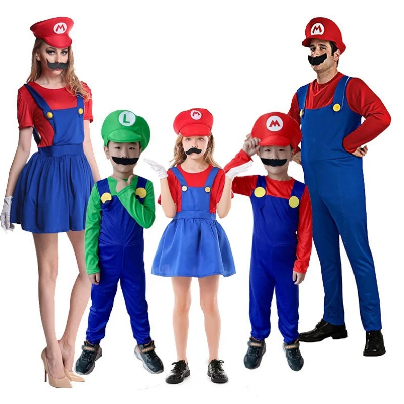 Costume de Super Luigi Cosplay pour Homme et Femme, Combinaison Adulte, Chapeau de Barbe, Ensemble d\'Halloween pour Enfant