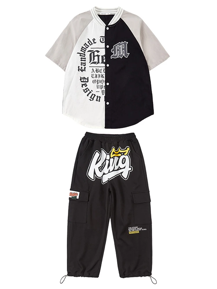 Sommer Mode Kinder Hip Hop Dance Kostüm Kurzarm Baseball Jacke Schwarze Hosen Street Dance Outfit Mädchen Jazz Tragen BL10718