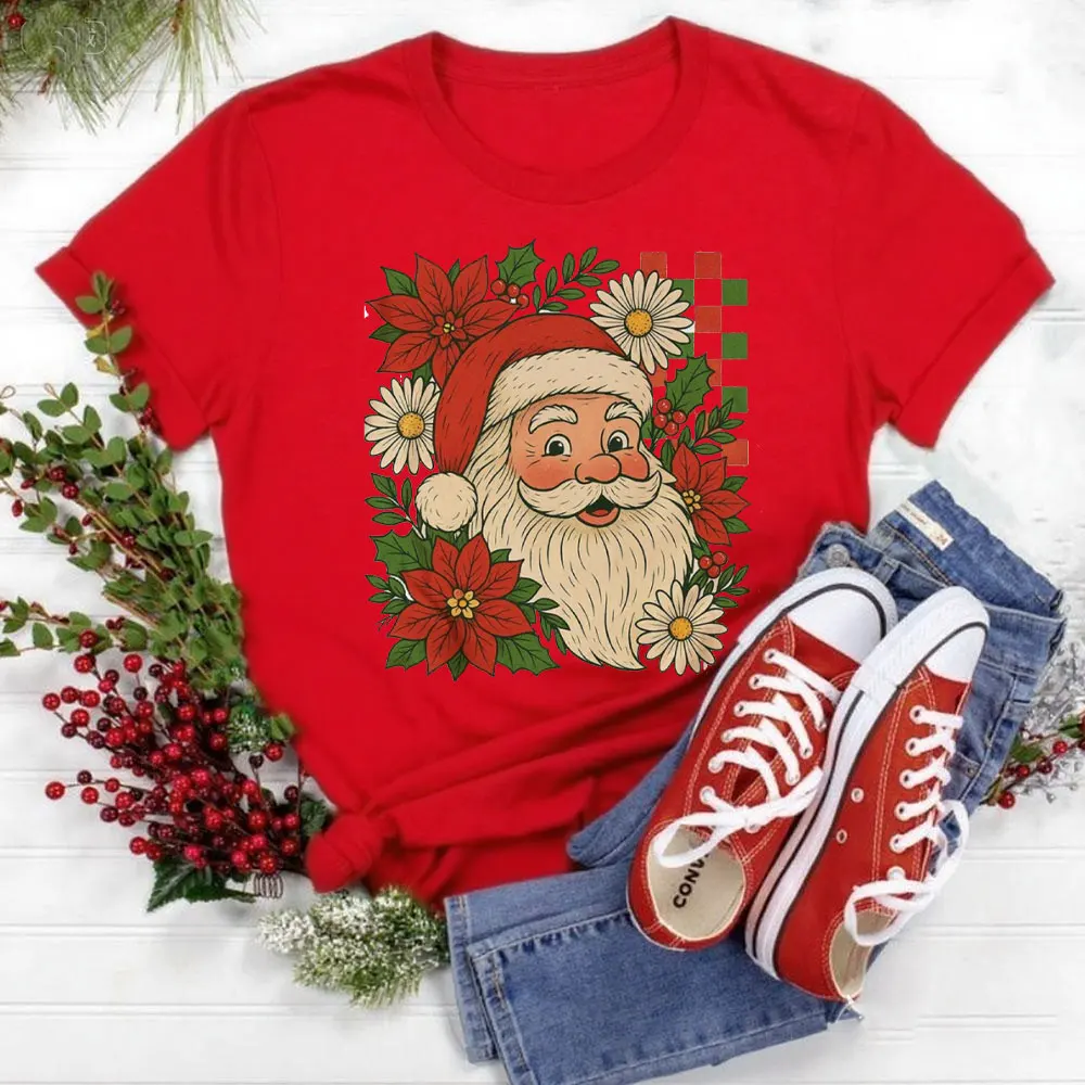 Checkered Santa Claus Women T Shirt Santa Claus Tops High Quality Cotton Comfortable Personality Tops Aesthetic Clothes