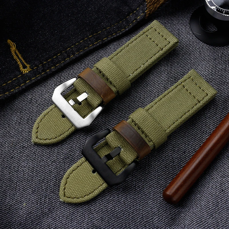 Double Sided Thickened Canvas Watch band For   Panerai Sneaking PAM441 PAM111 PAM312 Series Watch Strap 24mm army green