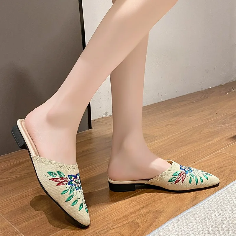 Slippers Shoes for Women Mules Luxury Designer Embroidery Ethnic Style Low Heel Home Sandals Female New in Fashion