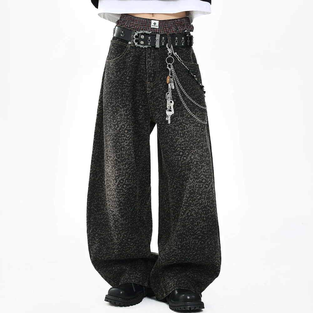 Men Net Celebrity Harem Scimitar Jeans Trousers Men Loose Casual Streetwear Fashion Wide Leg Leopard Denim Jeans Machete Pants