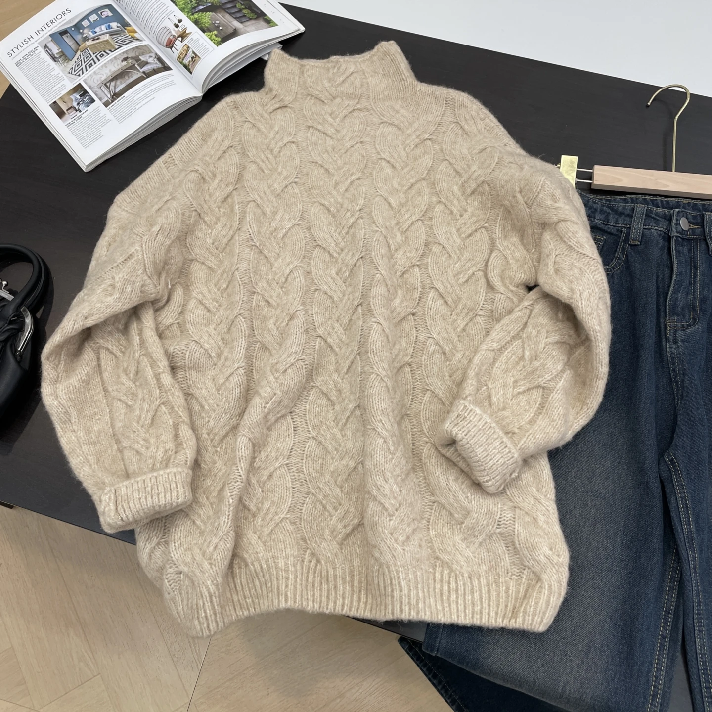 

Свитер Laid-ba Sle свободного кроя, стройнящий, с эффектом высокого качества, модный, универсальный, с высоким воротником, K6 Sweet Sle Straigh...