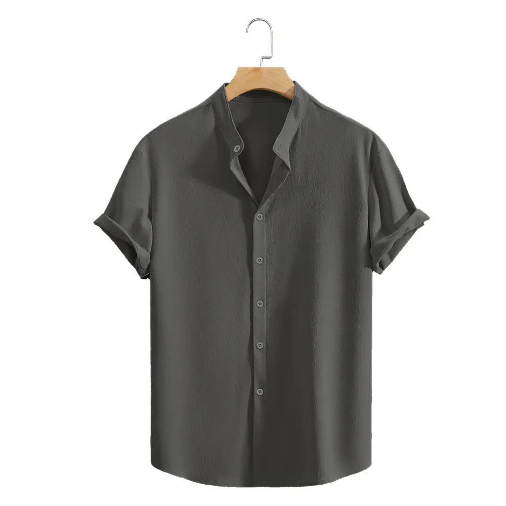Jugend Casual Strand Kurzarm Shirts Einfarbig Lose Beiläufige Atmungsaktive Hemd Leichte Streetwear Männliche Taste Tops – Detail 7