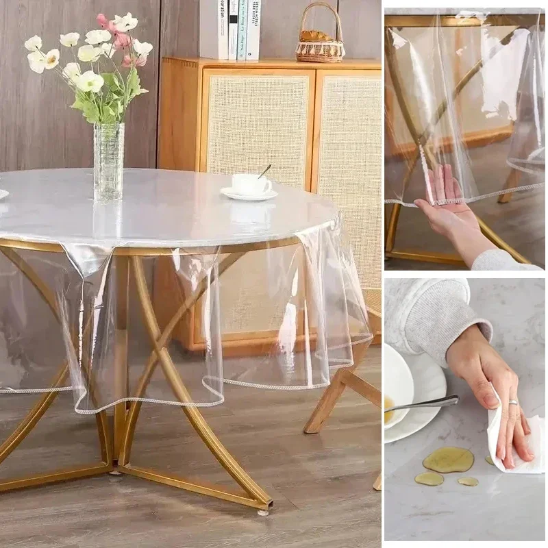 Waterproof Oil Resistant Transparent Table Protector Tablecloth Lock Edge Round PVC Cover Stain Proof Wipeable Room Decorative
