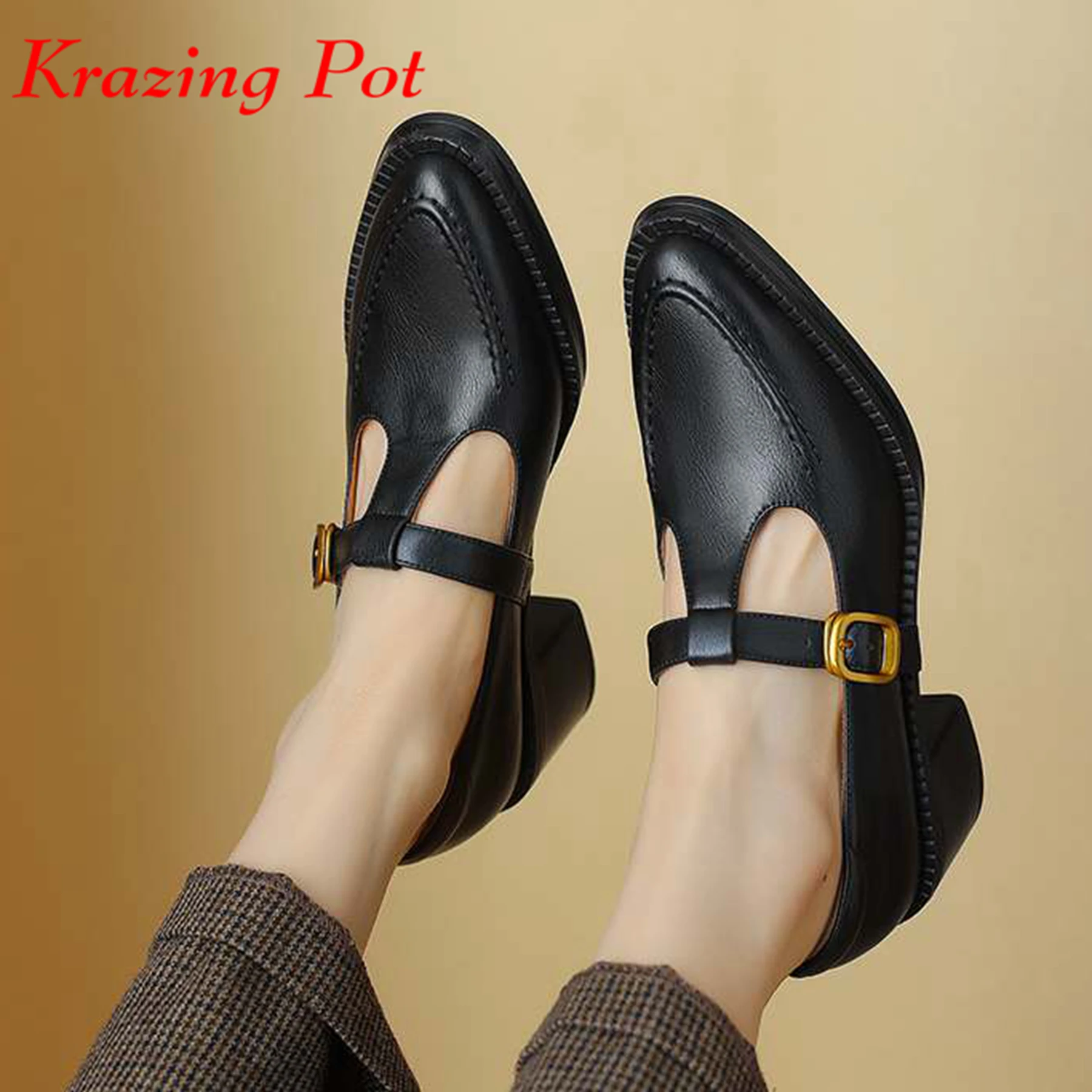 Krazing Pot Cow Leather Thick Med Heels Spring Vintage Design Slip On Metal Buckle Pointed Toe Toe Dating Mary Janes Women Pumps