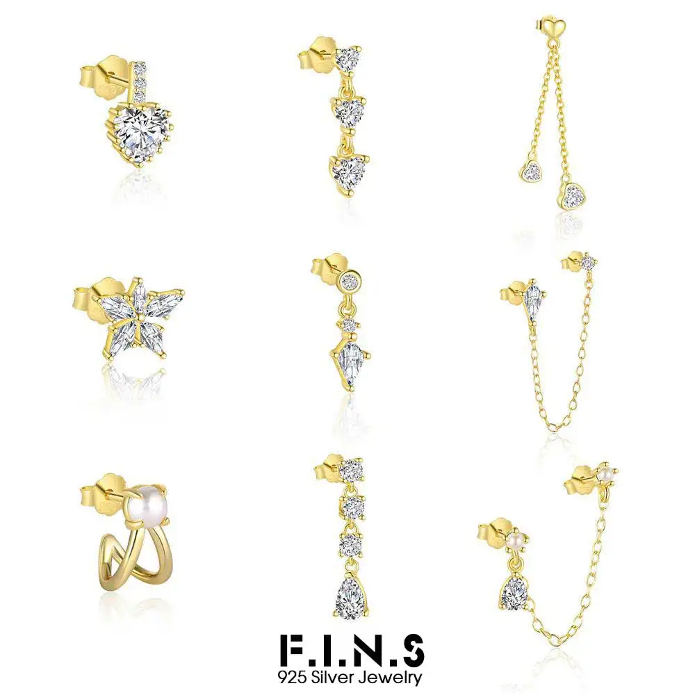 F.I.N.S 1PC S925 Sterling Silver Gold Chain Tassel Star Stud Earrings For Womens Korean Double Heart Piercing Ear Fine Jewelry