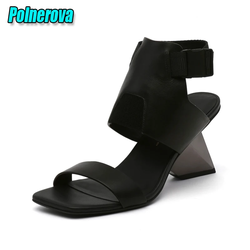 Summer New Mixed Colors High Heels Fashion Square Toe Ankle Buckle Strange Heel Sandals European American Genuine Leather Shoes view 5