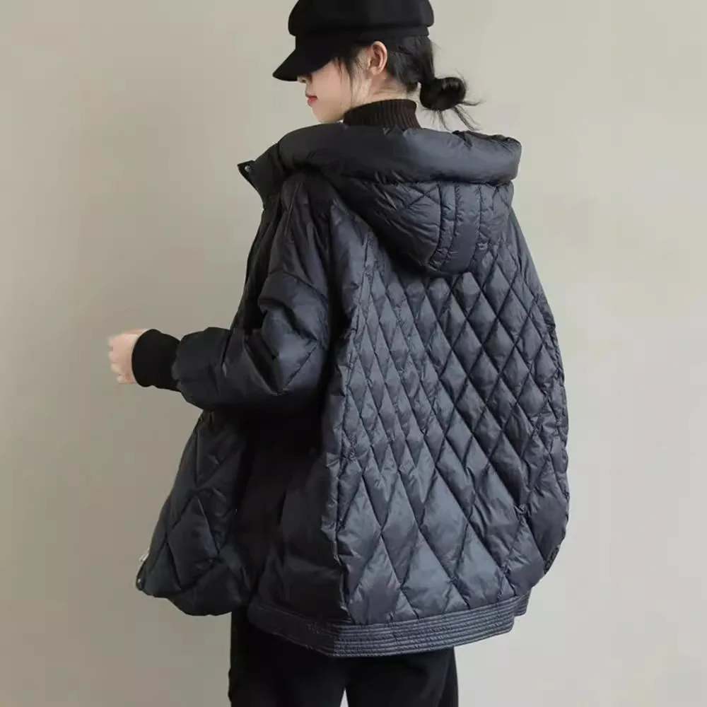 Ladies' new medium and long large size light and thin hooded Korean version rhombus grid literary loose white duck down down