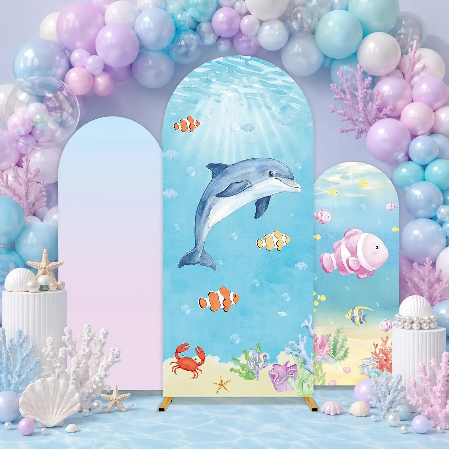 Custom 2-sided Under the Sea Chiara Arch Background Cover Dolphin Ocean Children Happy Birthtday Party Banner Backdrop Decor