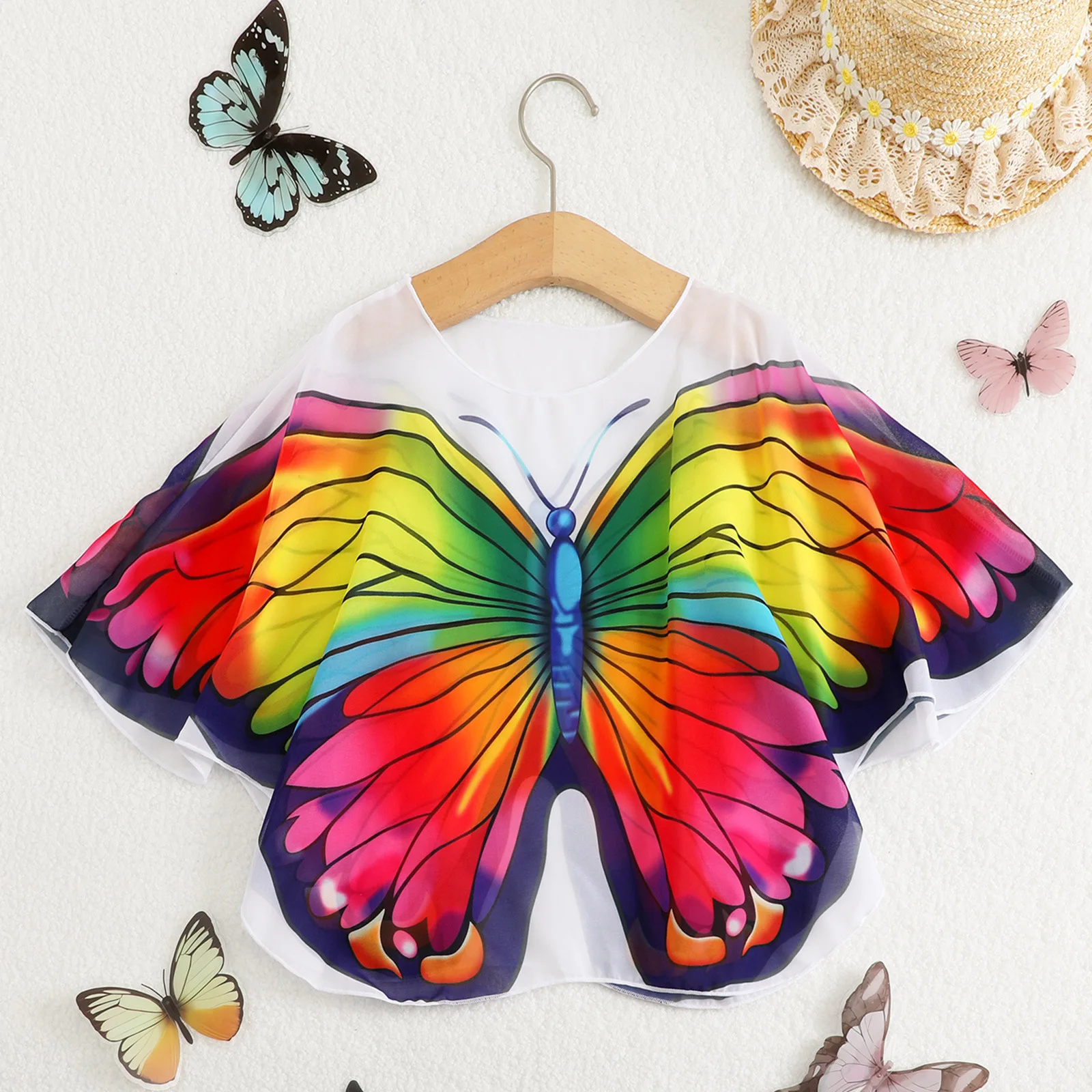 Kids Girls Butterfly Print Sunscreen Shirt Mesh Clothing for Beach Swimming Children's Swimwear Cover-Up Outerwear Single Piece
