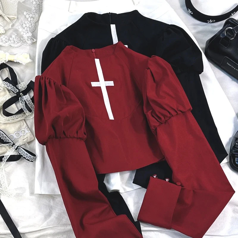 女性用長袖クロスプリントTシャツ,コスプレTシャツ,原宿,ビクトリア朝,ゴシック,ロリータ,美学,グランジ,ストリートウェア,クロップトップ