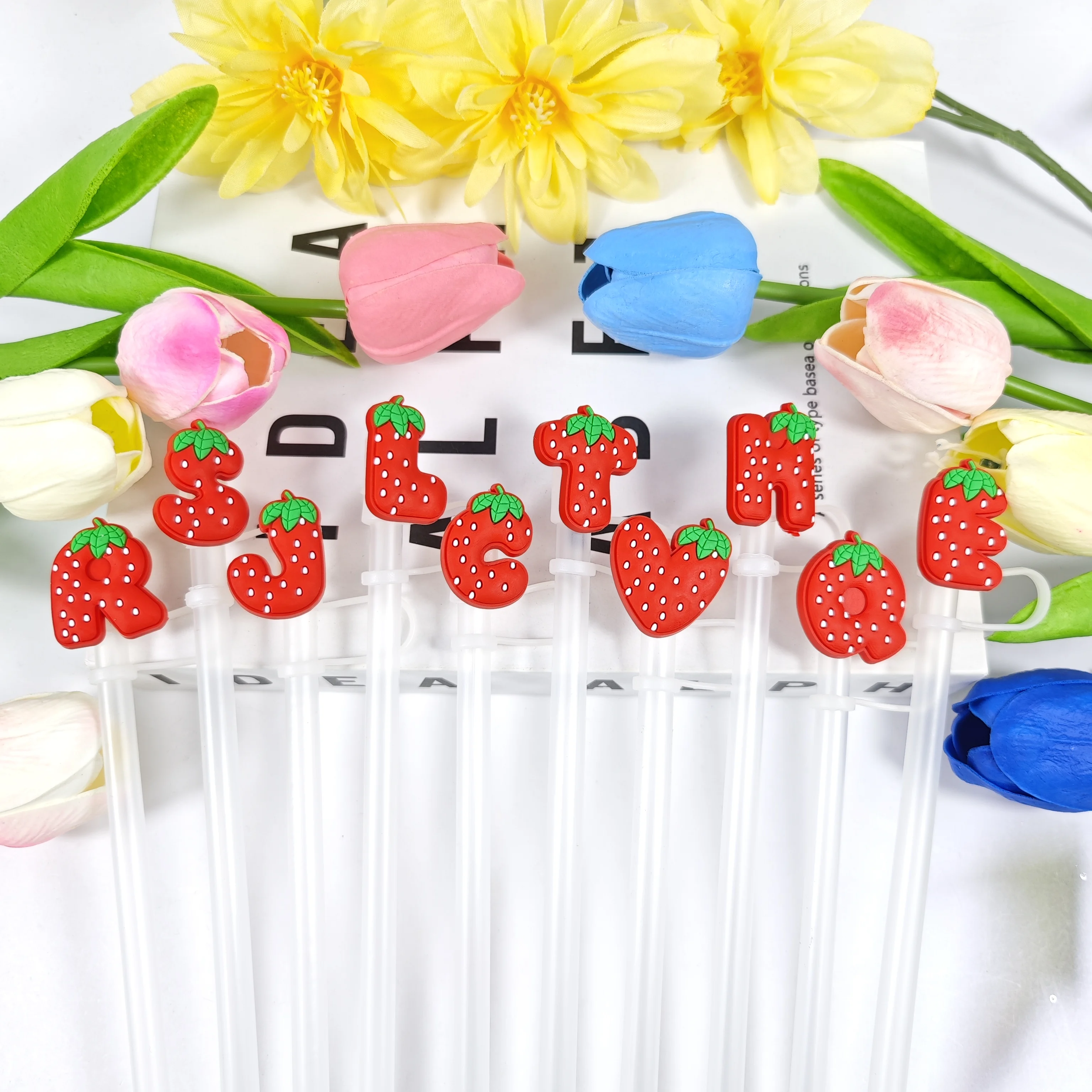 Creative Letter Strawberry Series Cartoon Soft Rubber Straw Dust Cap Detachable Straw Cover for Beverage Containers